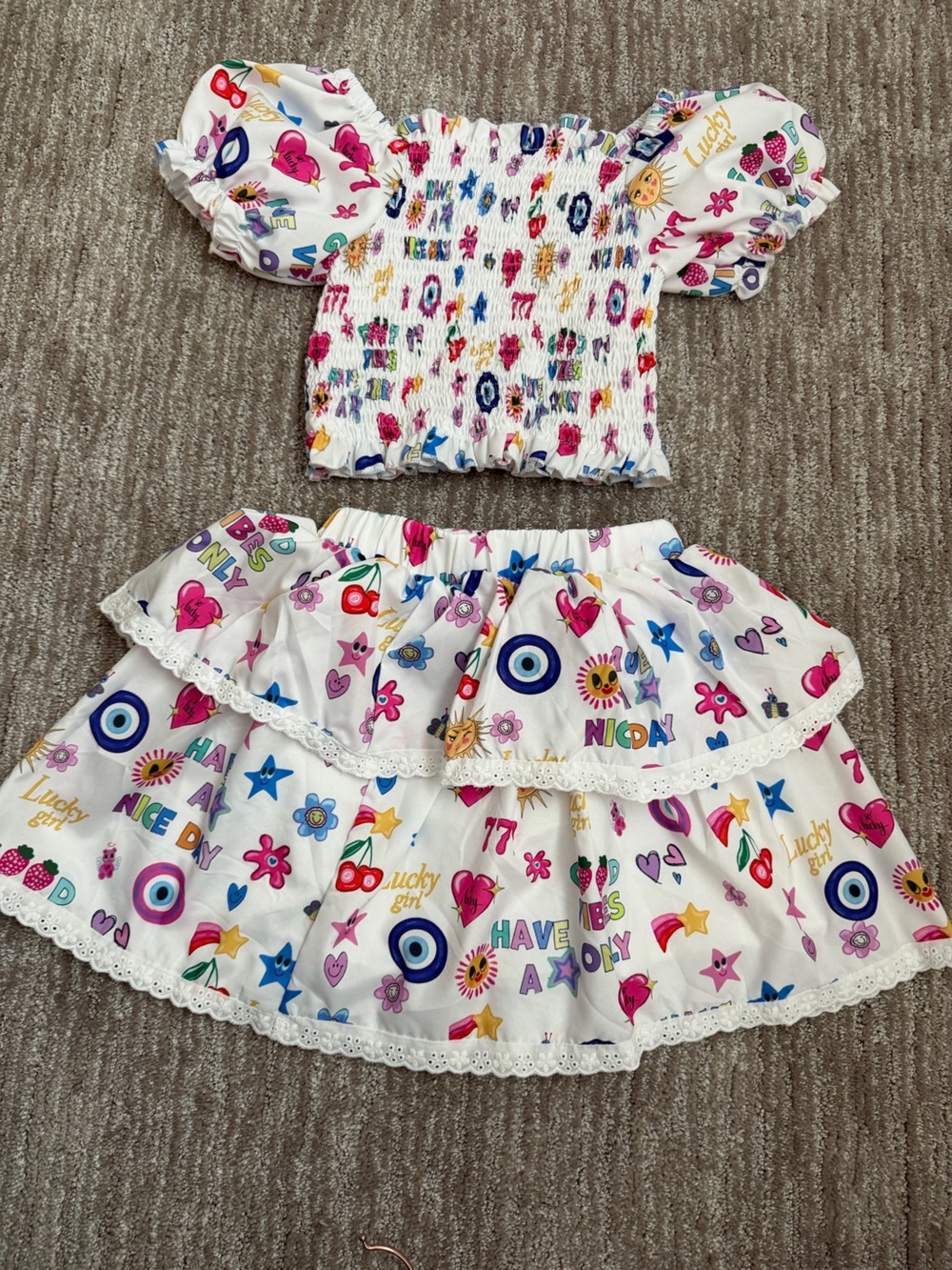 Lola +The Boys White Two-Piece Set with Multicolor Graphic Print